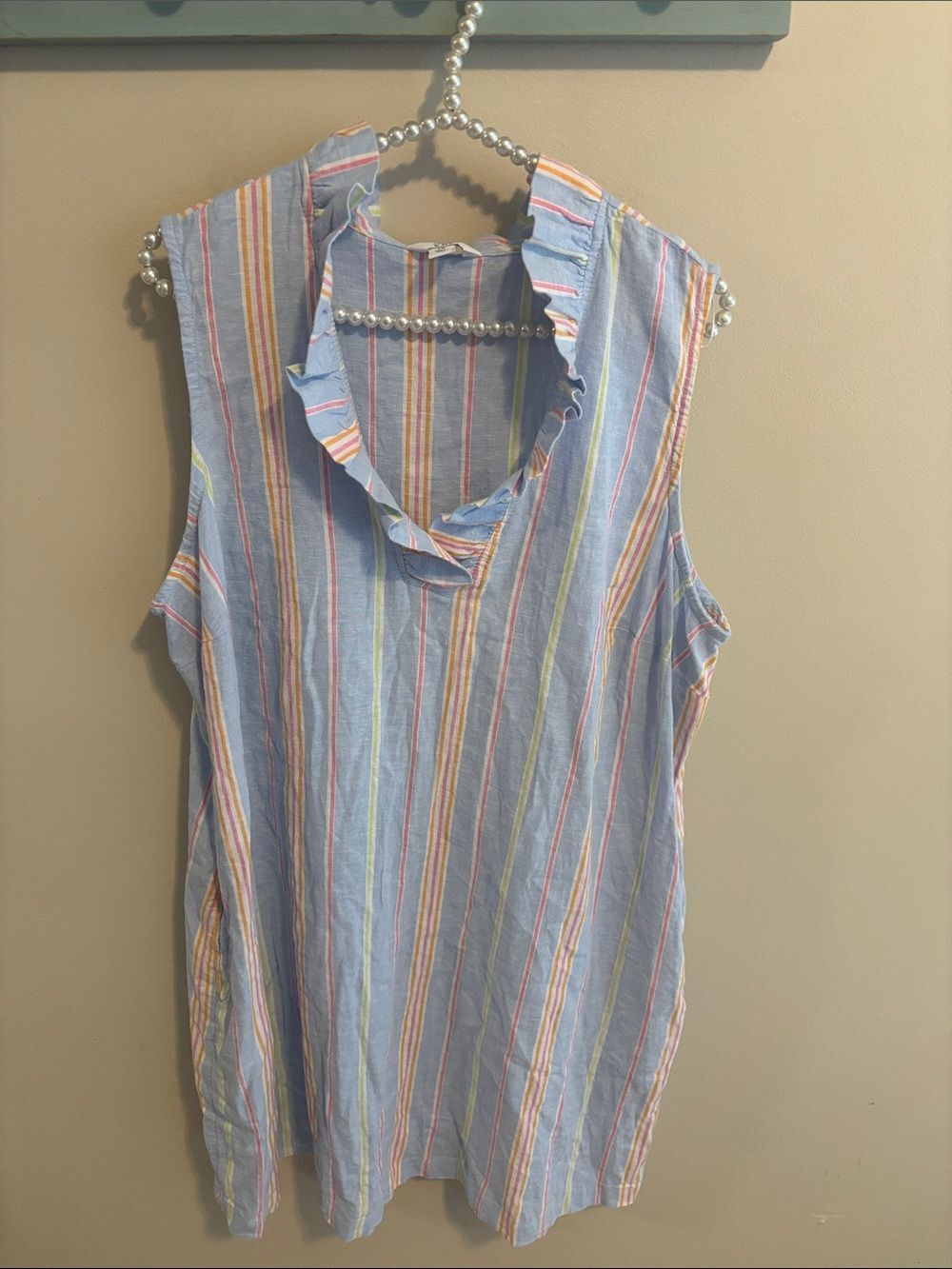Crown & Ivy Plus Size 1X Sleeveless Dress Blue Pastel Striped Ruffle Neck Linen